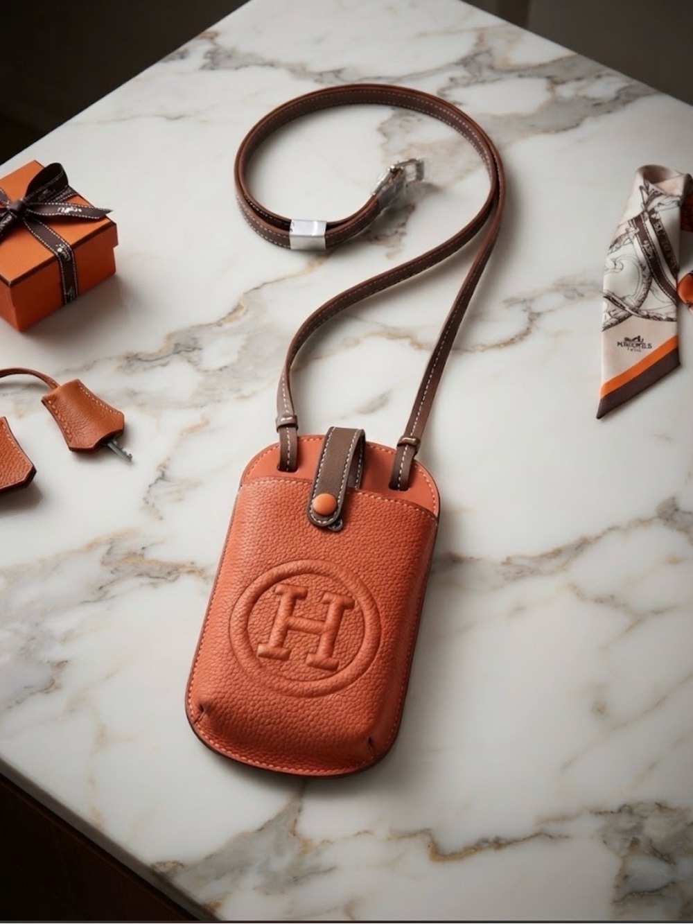 Pebbled Leather Phone Crossbody in Orange